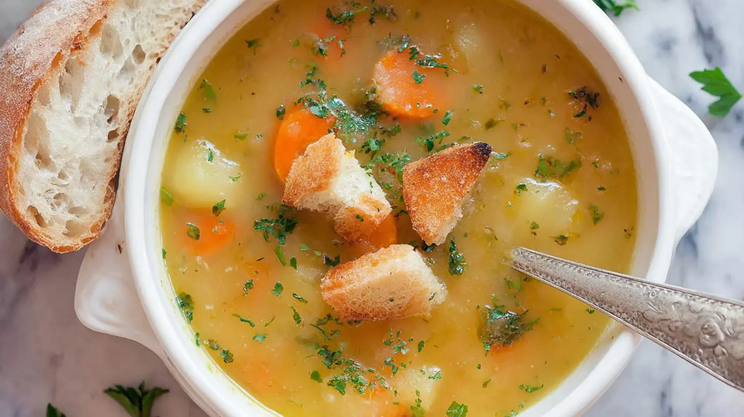High-angle view of comforting Carrot Potato Soup garnished with herbs, served with crusty bread and an ornate spoon on a marble surface.
