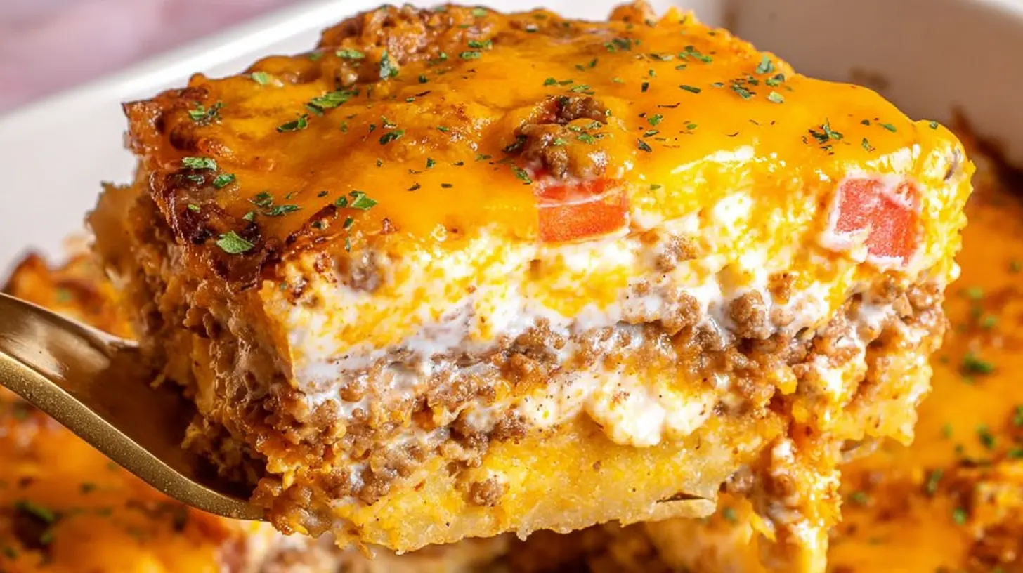 Close-up of a serving spoon lifting a hearty portion of multi-layered cattle drive casserole with melted cheese, creamy sauce, seasoned meat, and a golden base.
