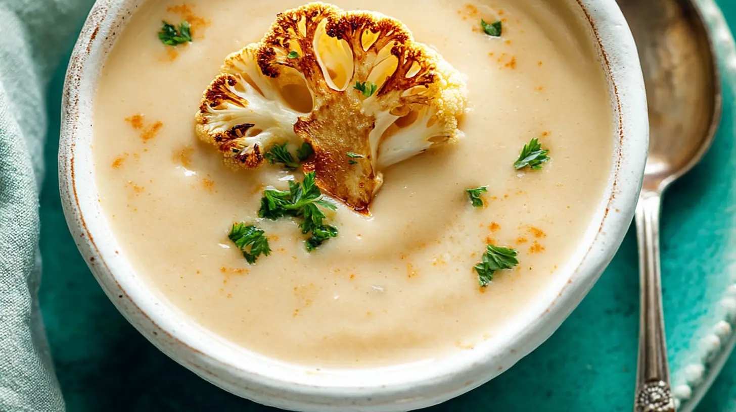 Close-up of creamy cauliflower soup with roasted cauliflower garnish and fresh herbs.