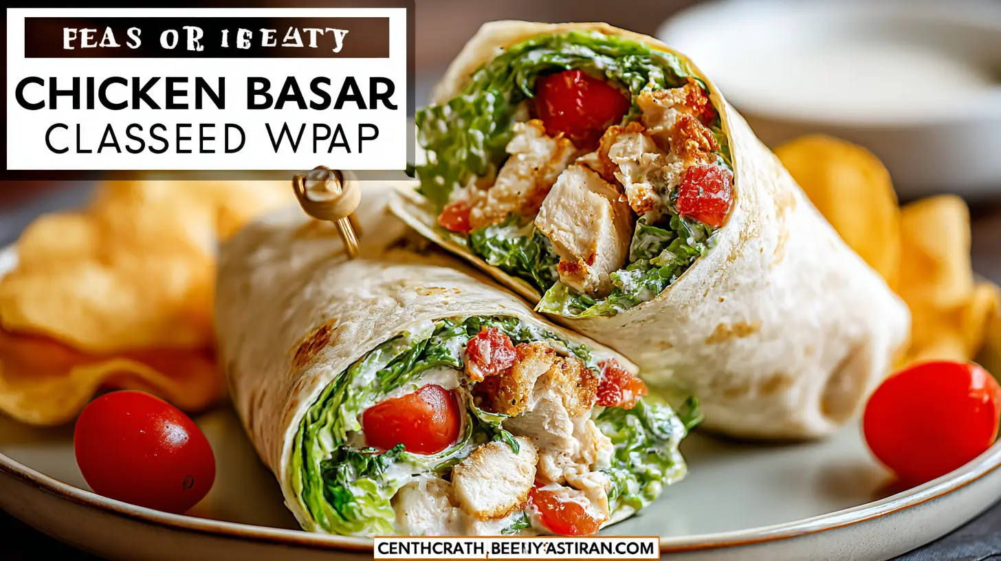 Appetizing close-up of two Chicken Caesar Wraps, generously filled with grilled chicken, fresh lettuce, and creamy dressing, served with cherry tomatoes and chips.