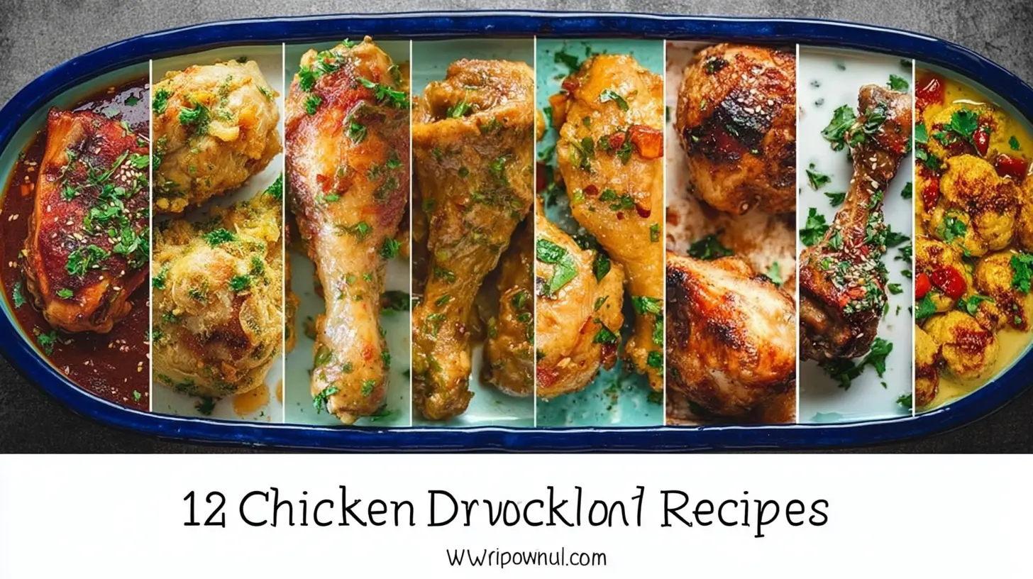 A vibrant food collage featuring twelve diverse chicken drumstick recipes and other chicken dishes, presented in a horizontal banner.