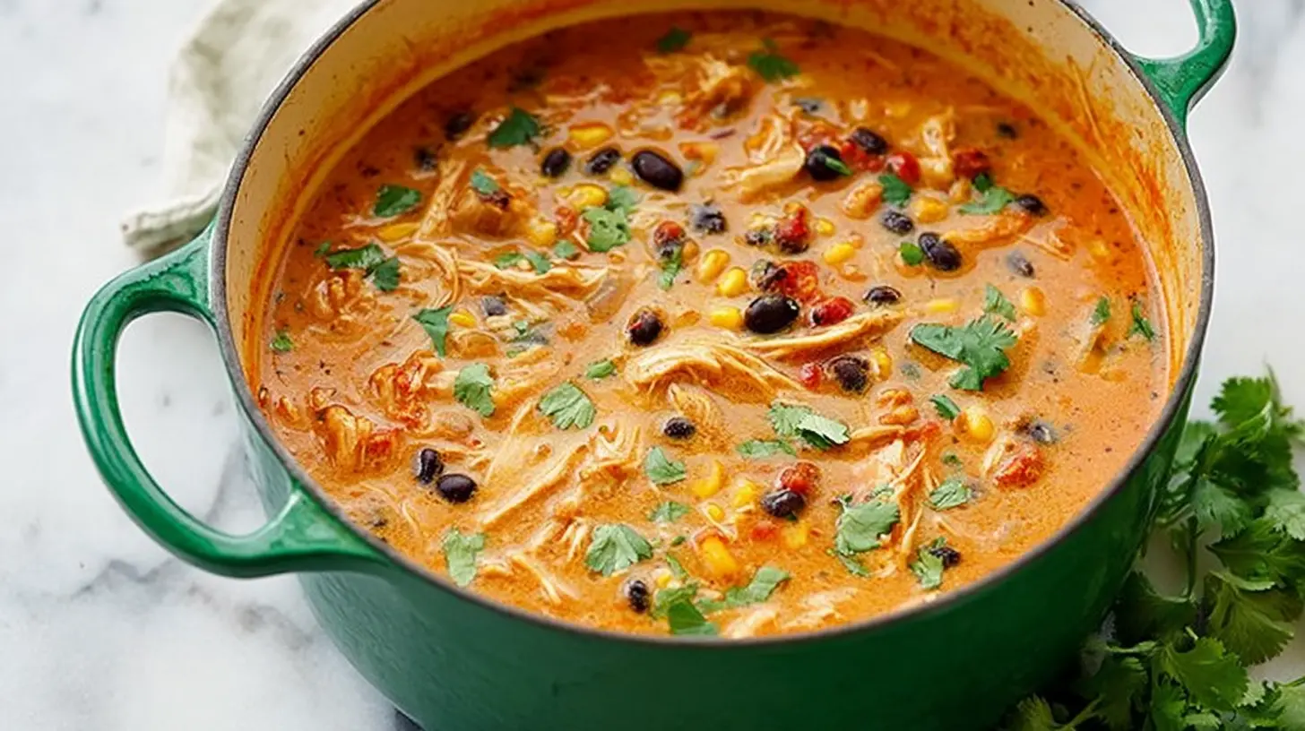 Hearty Chicken Enchilada Soup garnished with fresh cilantro in a vibrant green Dutch oven.