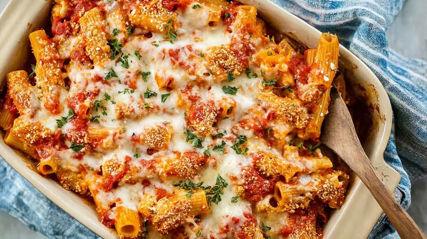 Overhead view of a bubbling chicken parmesan casserole in a ceramic baking dish, topped with golden cheese and fresh parsley.
