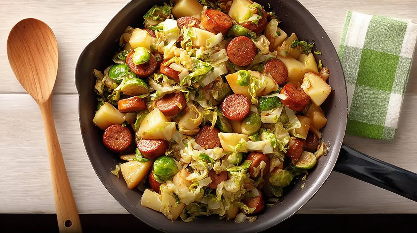 Hearty skillet meal featuring seared chicken sausage, potatoes, and Brussels sprouts, highlighting delicious chicken sausage recipes.