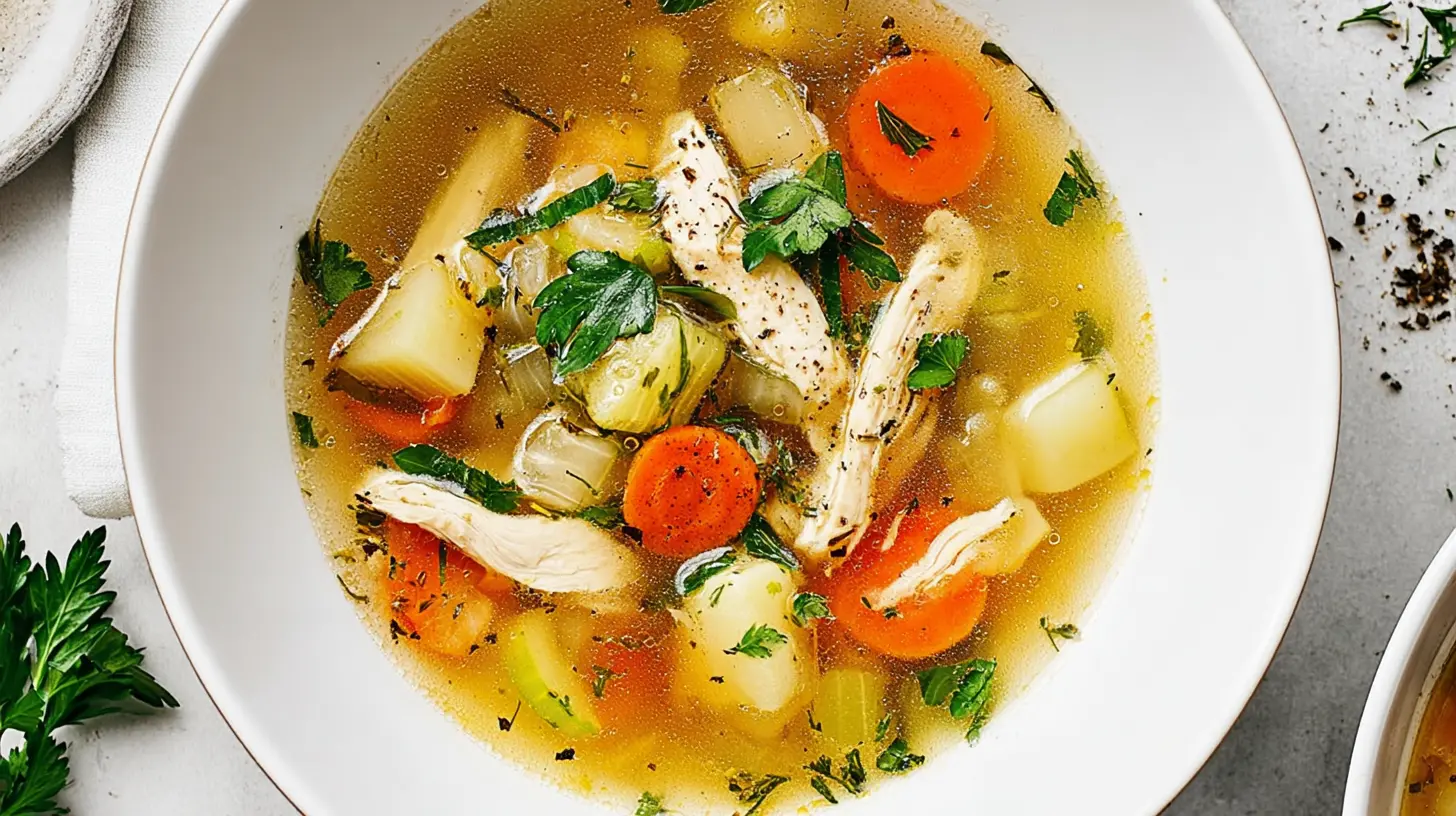 Appetizing overhead view of a hearty chicken vegetable soup with shredded chicken, carrots, and fresh parsley, inspiring new chicken soup recipes.