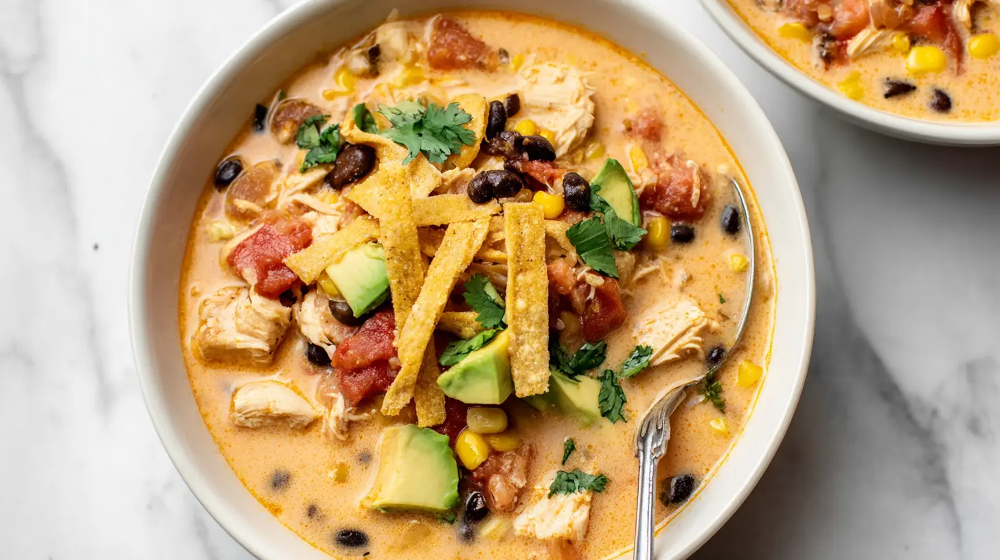 Close-up of a creamy Chicken Taco Soup topped with avocado, tortilla strips, and cilantro in a ceramic bowl on a marble surface.