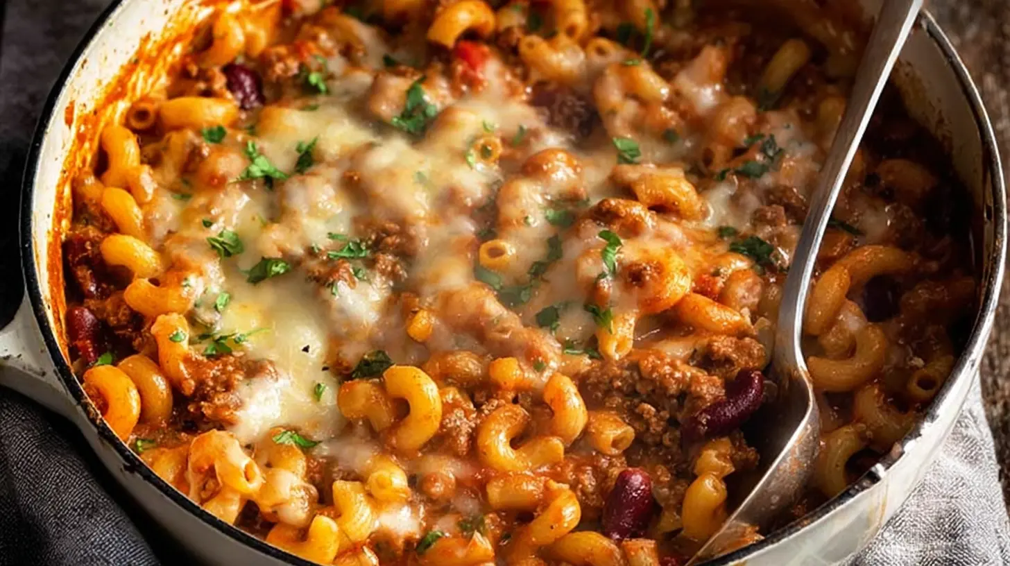 A close-up, overhead view of a hearty chili mac casserole in a white enameled skillet with a serving spoon.
