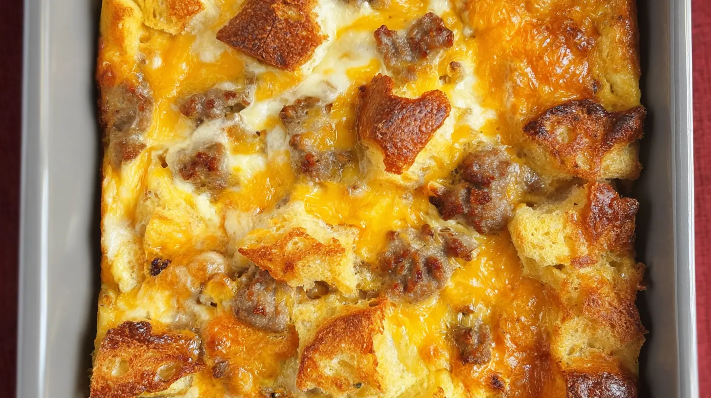 A delicious golden-brown christmas breakfast casserole filled with eggs, bread, melted cheddar cheese, and savory sausage crumbles, shot from an overhead perspective.