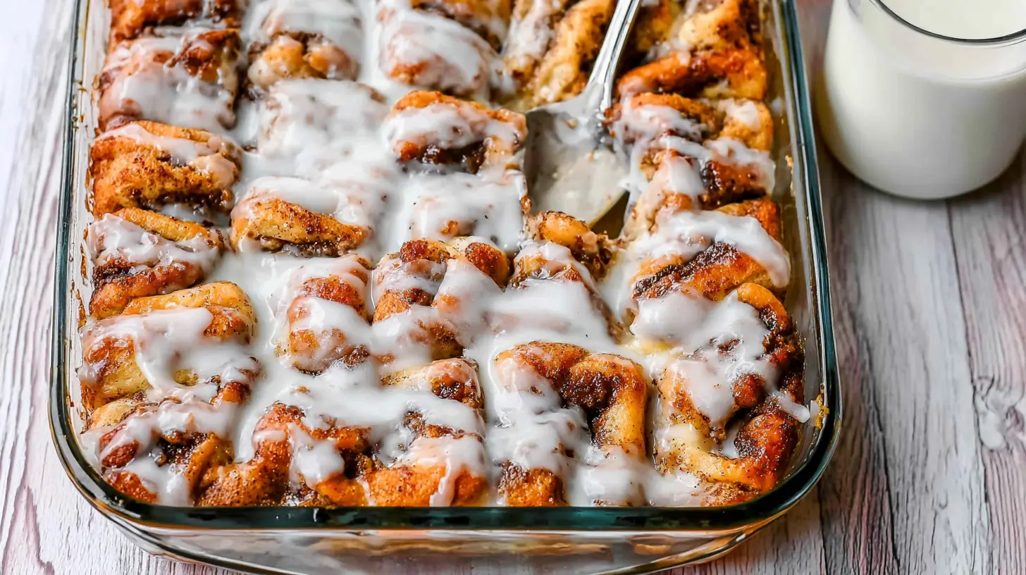 Freshly baked cinnamon roll casserole in a glass dish, generously covered in white glaze, with a spoonful being served.