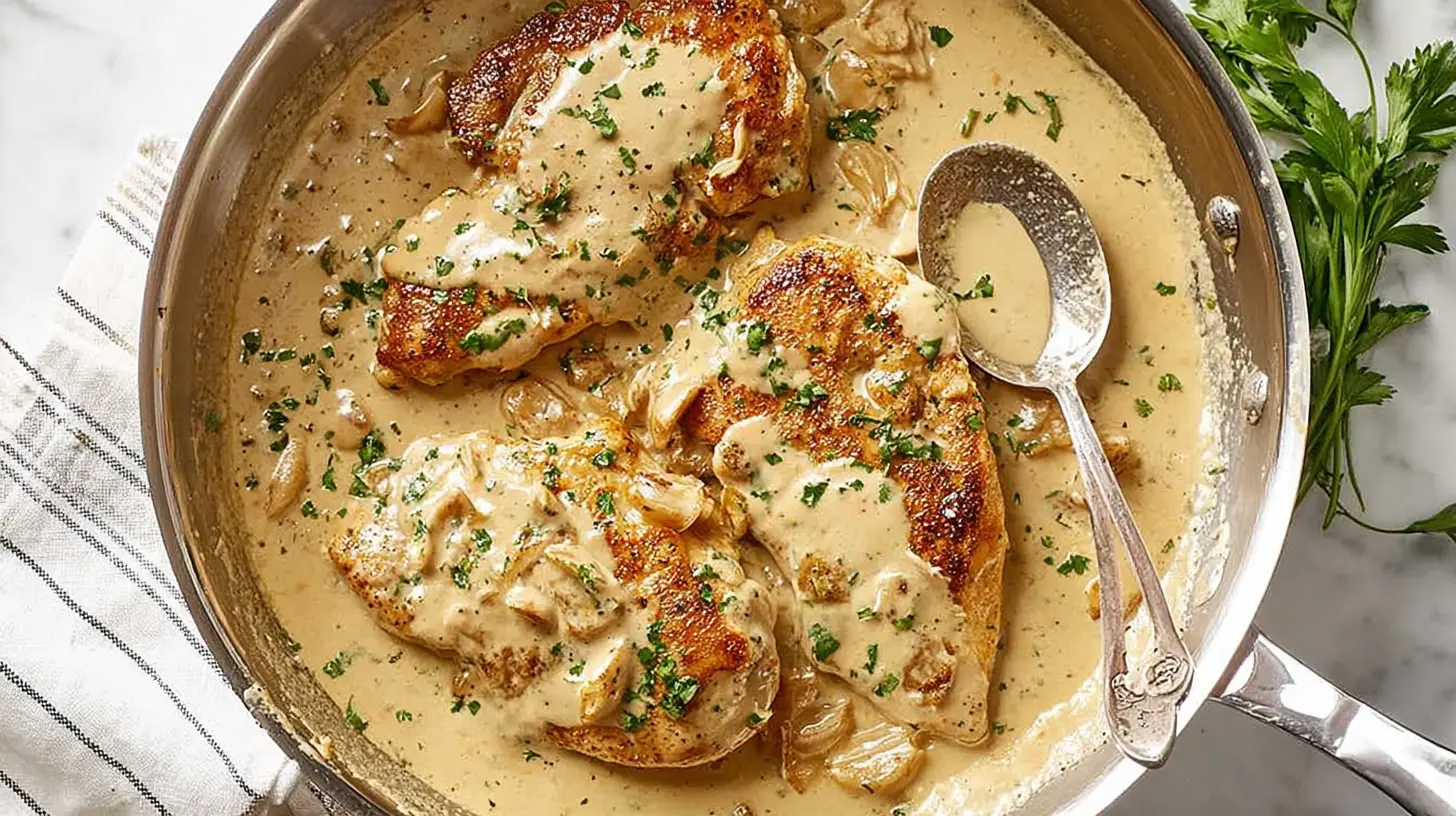 Close-up of pan-seared Creamy Garlic Chicken in a rich mushroom sauce, garnished with fresh herbs in a stainless steel skillet.