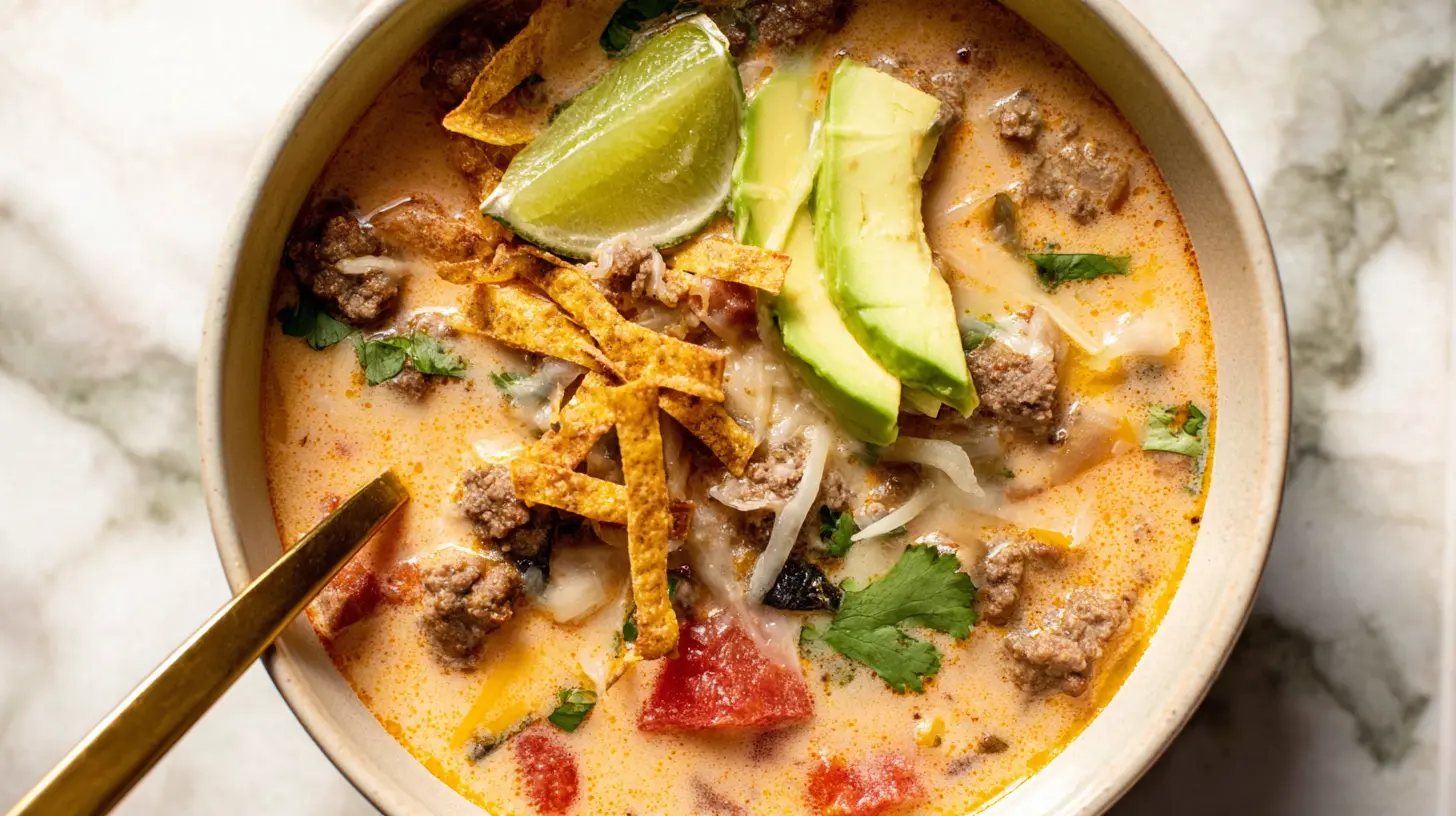Overhead shot of a delicious creamy taco soup garnished with avocado, lime, and crispy tortilla strips.
