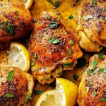 Close-up of golden-brown, crispy Easy Baked Chicken Thighs Recipe garnished with fresh herbs and lemon wedges in a white baking dish.