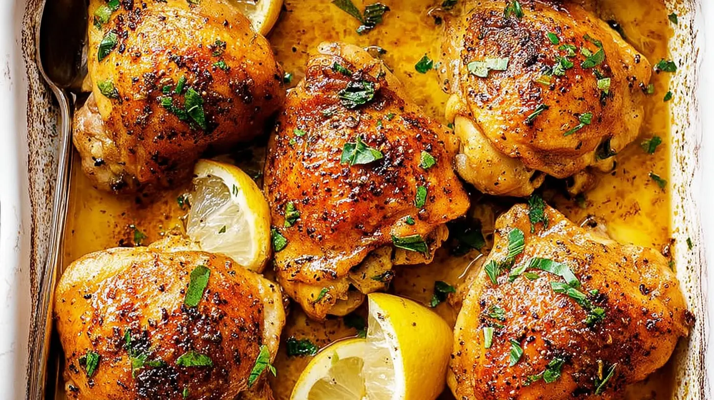 Close-up of golden-brown, crispy Easy Baked Chicken Thighs Recipe garnished with fresh herbs and lemon wedges in a white baking dish.