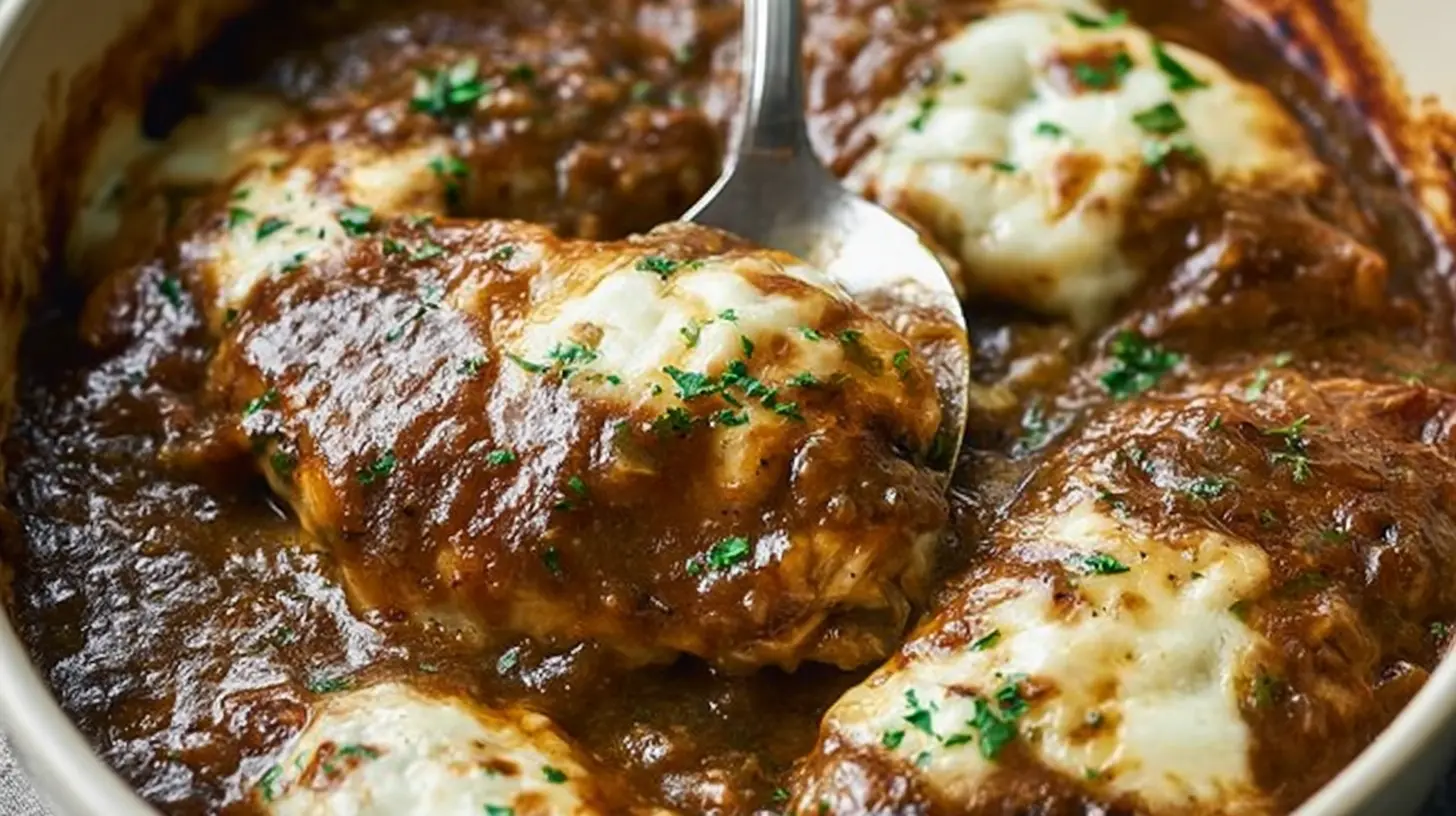 Close-up of a serving spoon scooping hearty French Onion Chicken from a baking dish, topped with melted cheese and fresh herbs.