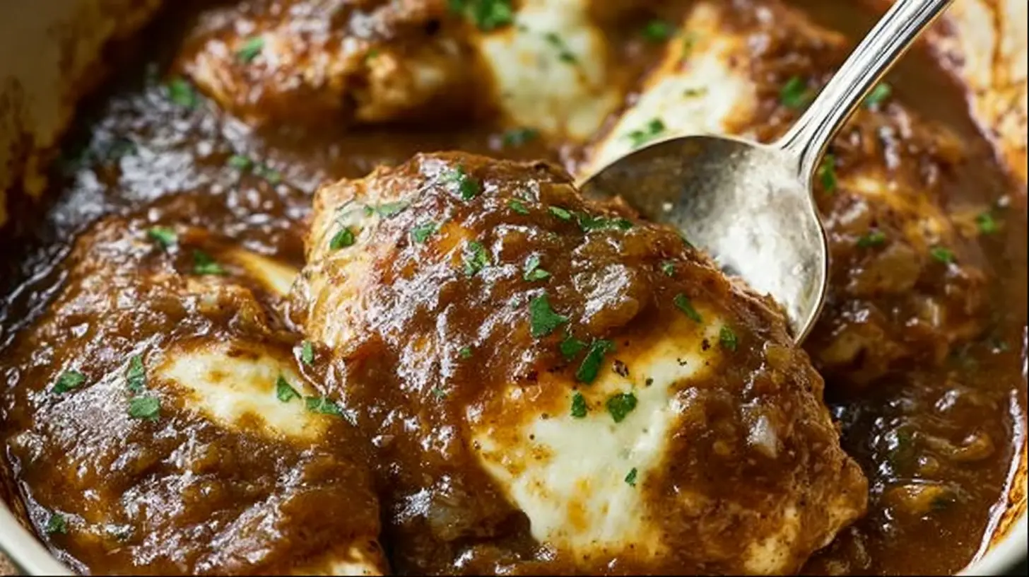 Close-up of hearty French Onion Chicken braised in a rich, dark sauce, garnished with fresh herbs.