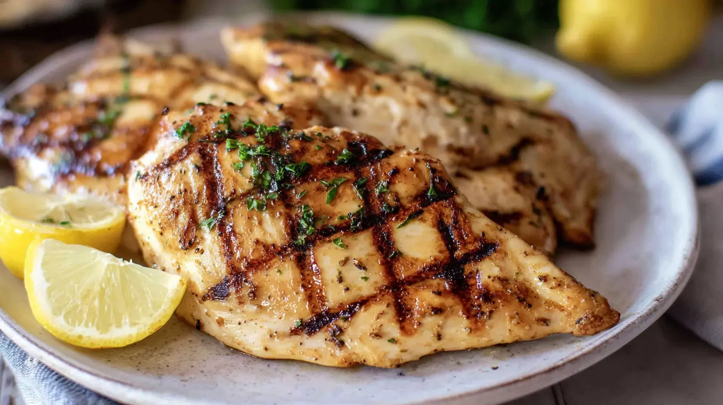 Close-up of perfectly grilled chicken breasts with lemon and fresh herbs, perfect for exploring new grilled chicken recipes.