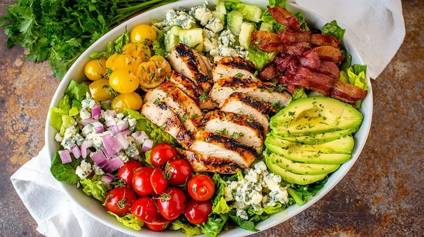 Vibrant Cobb-style Grilled Chicken Salad with fresh lettuce, avocado, bacon, and colorful tomatoes.