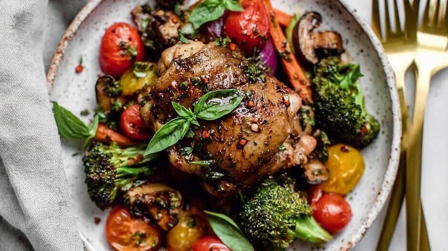 Close-up of a rustic ceramic plate featuring two glazed boneless chicken thighs garnished with basil, surrounded by roasted broccoli, tomatoes, mushrooms, carrots, and red onion, representing delicious healthy chicken recipes.