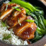 Overhead view of delicious Honey Garlic Chicken Thighs served with fluffy white rice and vibrant green vegetables in a dark bowl on a woven mat.
