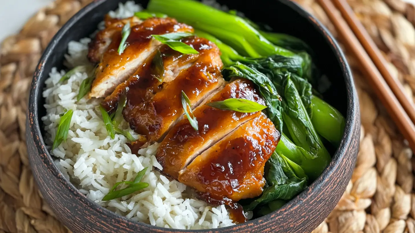 Overhead view of delicious Honey Garlic Chicken Thighs served with fluffy white rice and vibrant green vegetables in a dark bowl on a woven mat.