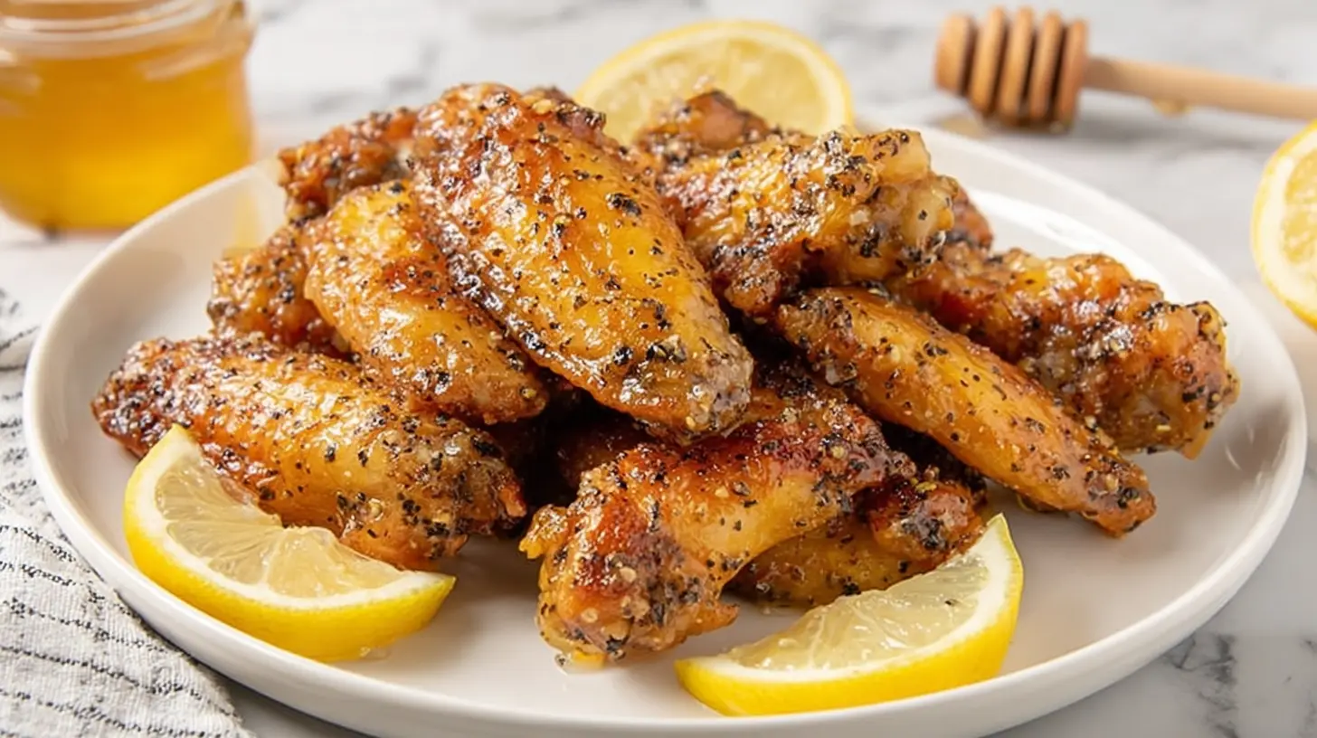 Close-up of golden honey lemon pepper wings, garnished with fresh lemon slices and honey.