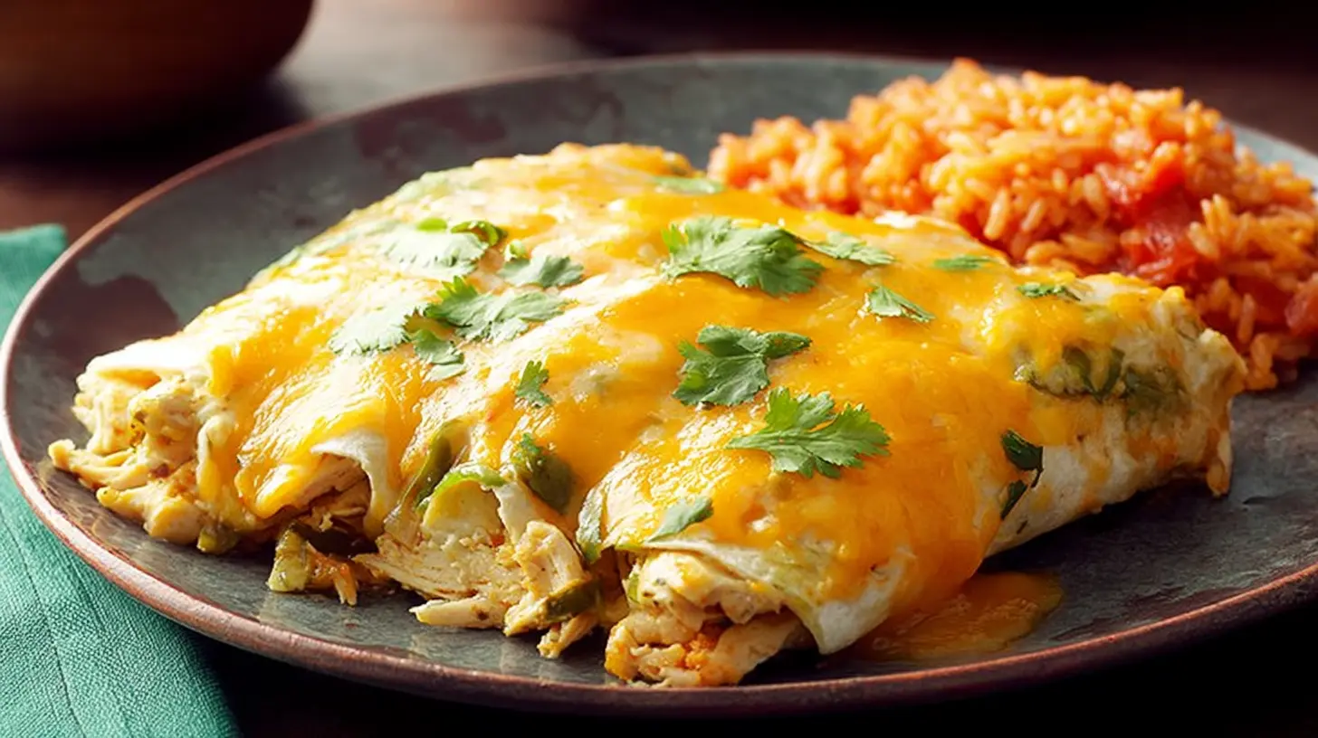 Delicious chicken enchiladas, a perfect idea for leftover chicken recipes, served with Mexican rice.