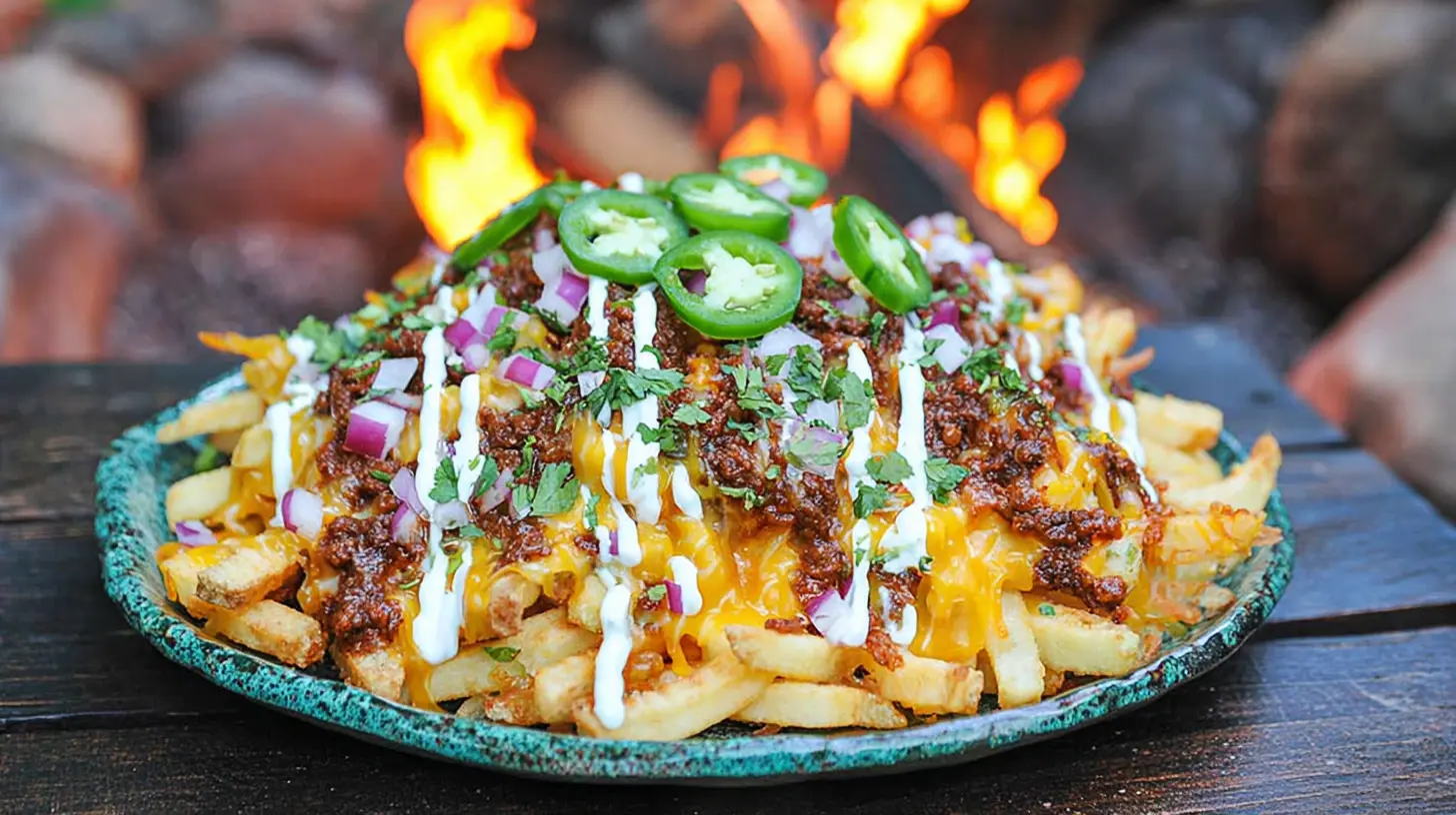 A close-up of mouth-watering chili cheese loaded fries, garnished with jalapeños and herbs, inspiring a delicious loaded fries recipe.