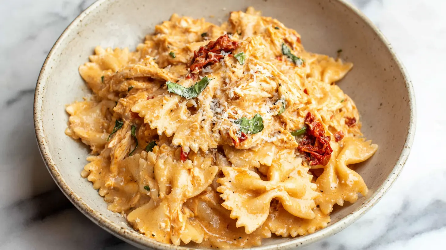 Marry Me Chicken Pasta Marry Me Chicken Pasta Delicious Marry Me Chicken Pasta with farfalle, creamy sauce, sun-dried tomatoes, and fresh basil in a rustic bowl.