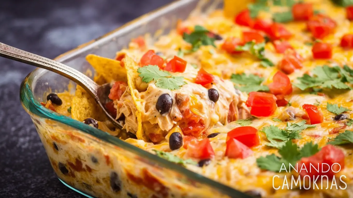 Easy Mexican Chicken Casserole mexican chicken casserole Cheesy, bubbling mexican chicken casserole with black beans, tomatoes, and cilantro, served with a tortilla chip.