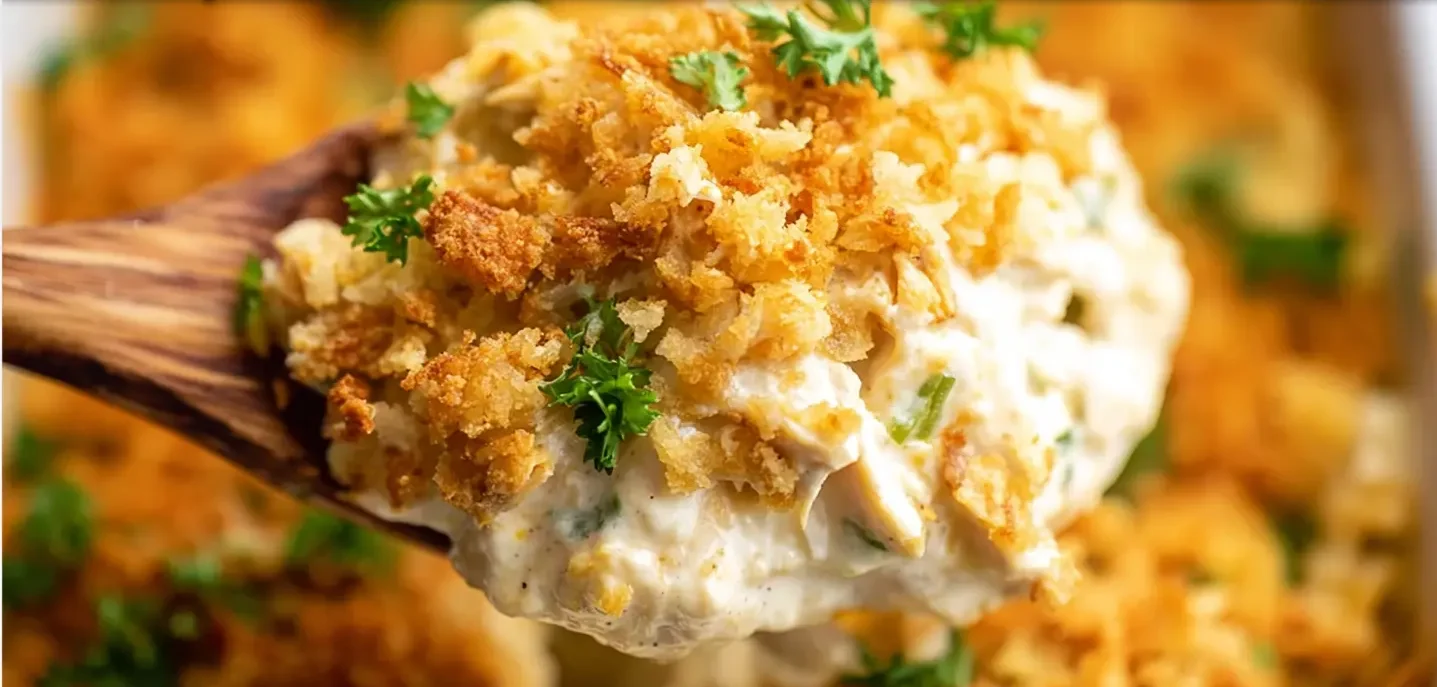 Million Dollar Chicken Casserole Million Dollar Chicken Casserole Close-up of a creamy Million Dollar Chicken Casserole with a crispy topping, served on a wooden spoon.