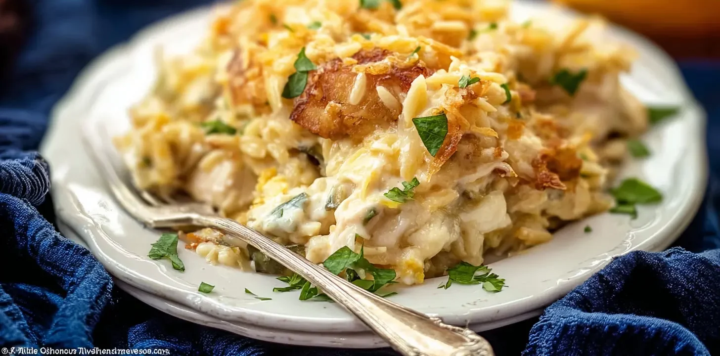 A vibrant photograph of a creamy Million Dollar Chicken Orzo casserole, garnished with crispy toppings and fresh herbs, served on a white plate.