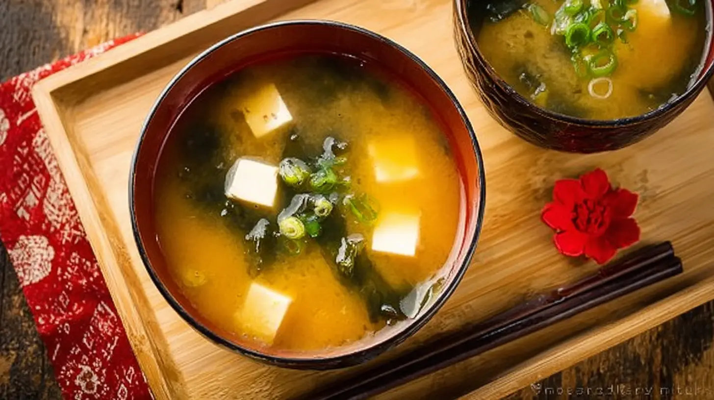 Traditional Japanese miso soup in two bowls, garnished with tofu, wakame, and scallions on a wooden tray.