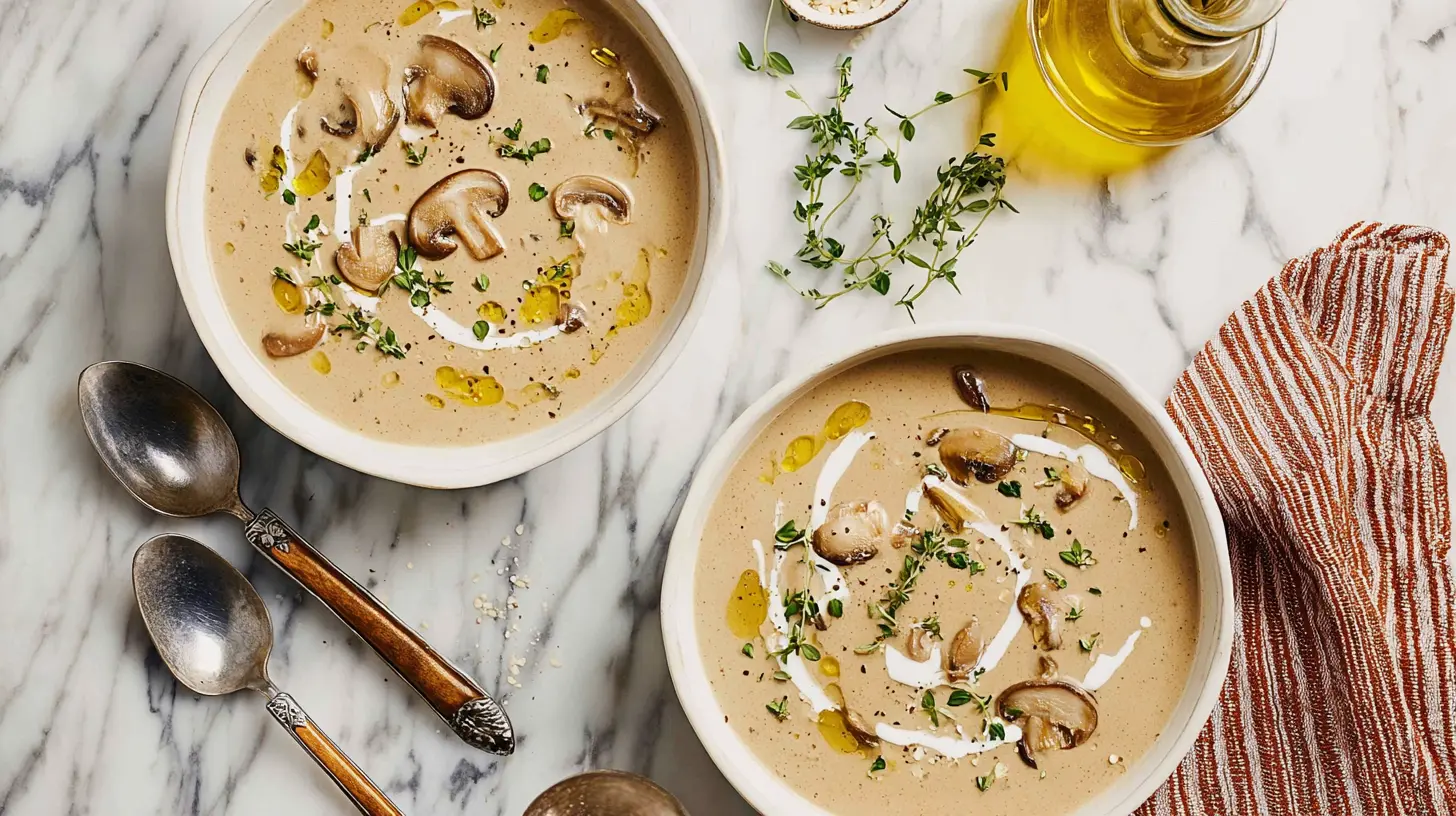 Two bowls of creamy mushroom soup garnished with fresh thyme and oil, served on a marble counter.