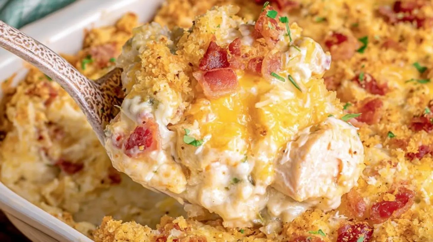 Close-up of a serving spoon lifting a golden and creamy neiman-marcus-chicken-casserole, topped with melted cheese, crispy breadcrumbs, and bacon.