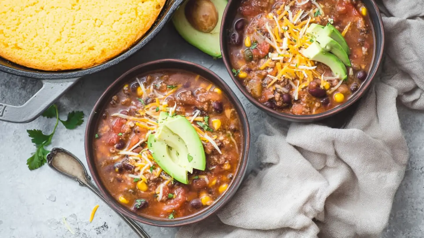 Vibrant One Pot Taco Soup Recipe served with fresh avocado, cheese, and cornbread in a cast iron skillet.