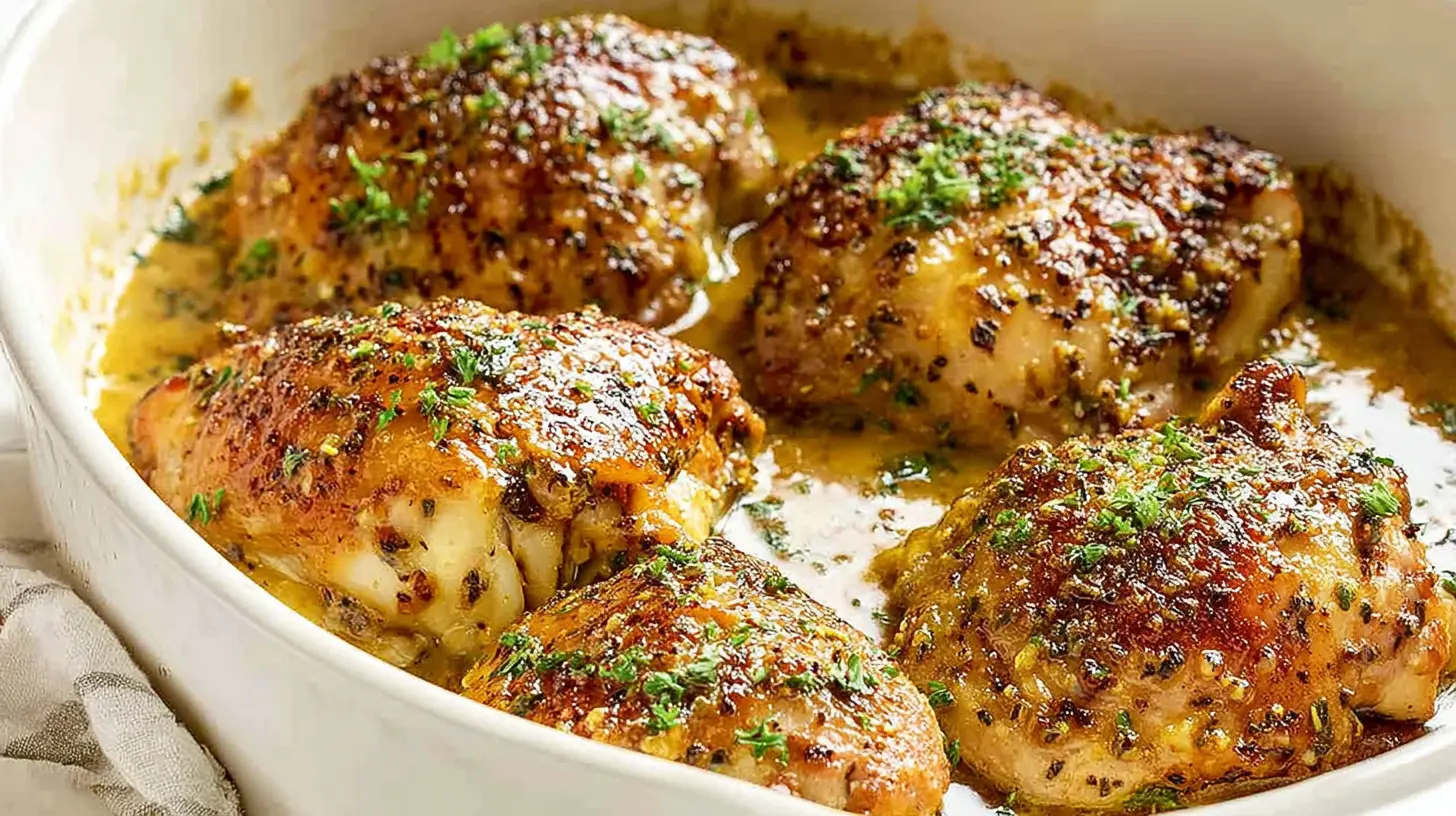 Appetizing oven baked chicken thighs, golden-brown and garnished with fresh herbs in a creamy sauce, served in a ceramic dish.
