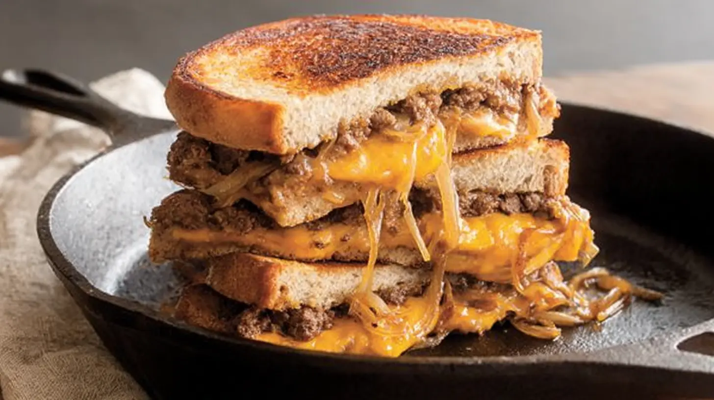 Stacked patty melts with secret sauce, oozing cheese and caramelized onions in a rustic cast iron skillet.