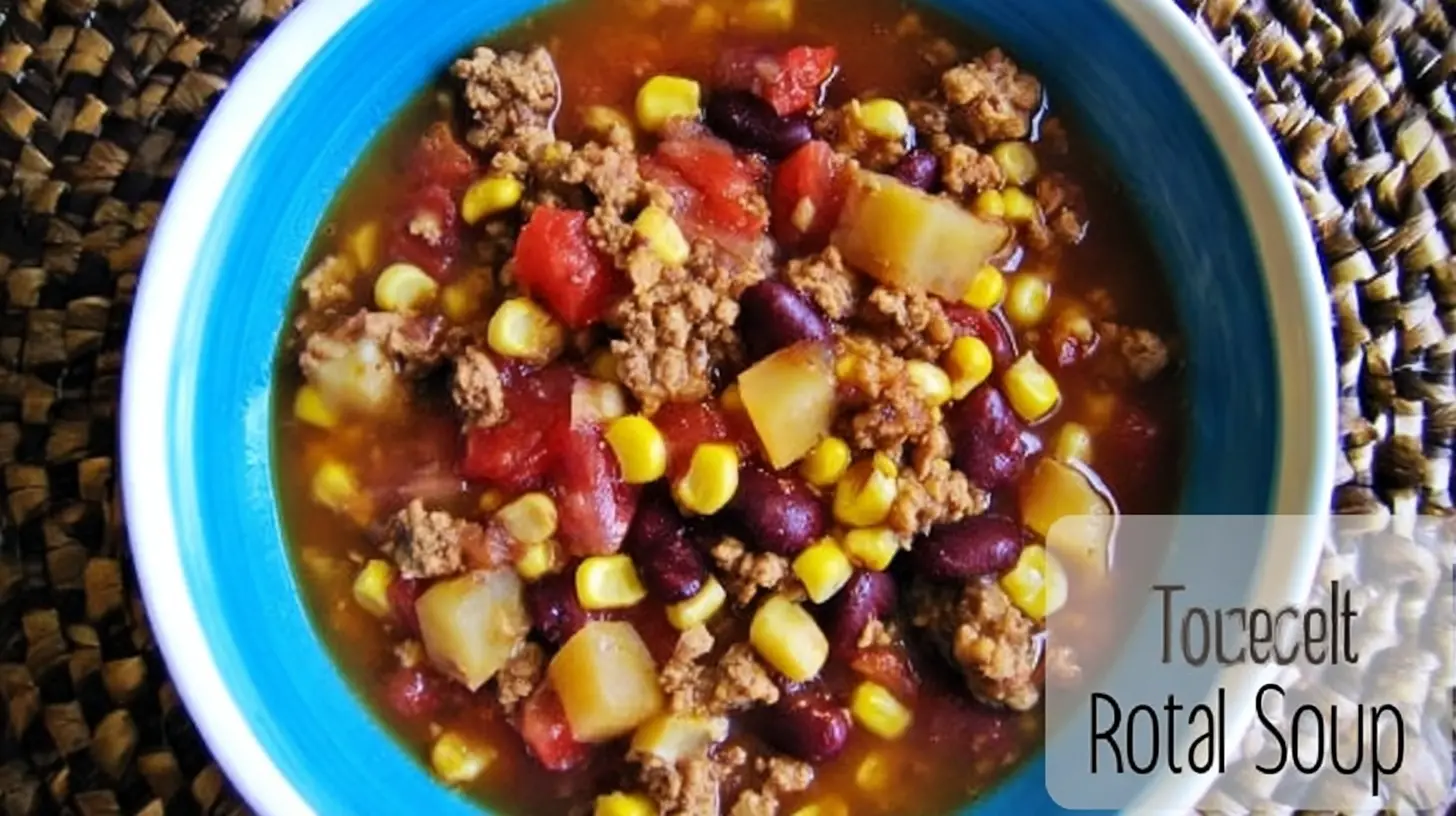 A hearty bowl of rotel taco soup, packed with ground meat, corn, and beans, served on a rustic woven mat.