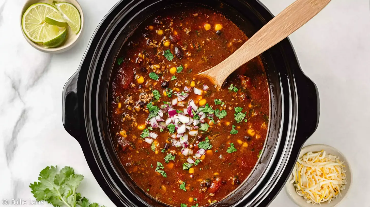 Vibrant overhead view of a hearty slow cooker taco soup with ground meat, beans, corn, tomatoes, and fresh cilantro, garnished with lime and shredded cheese on a marble counter.