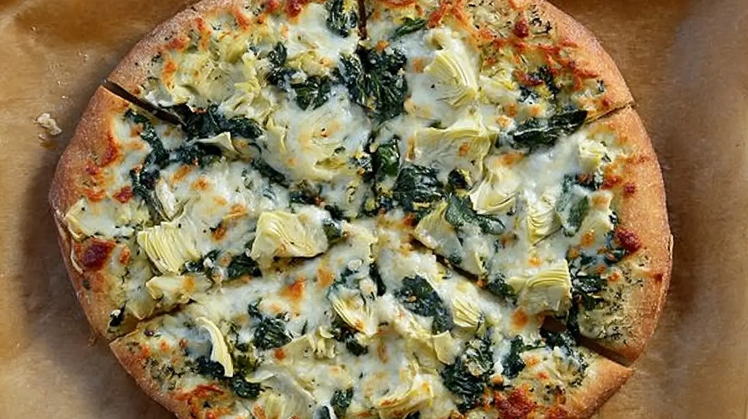 Delicious, freshly baked Spinach Artichoke Pizza on a rustic board, topped with melted cheese, spinach, and artichoke hearts, seen from above.