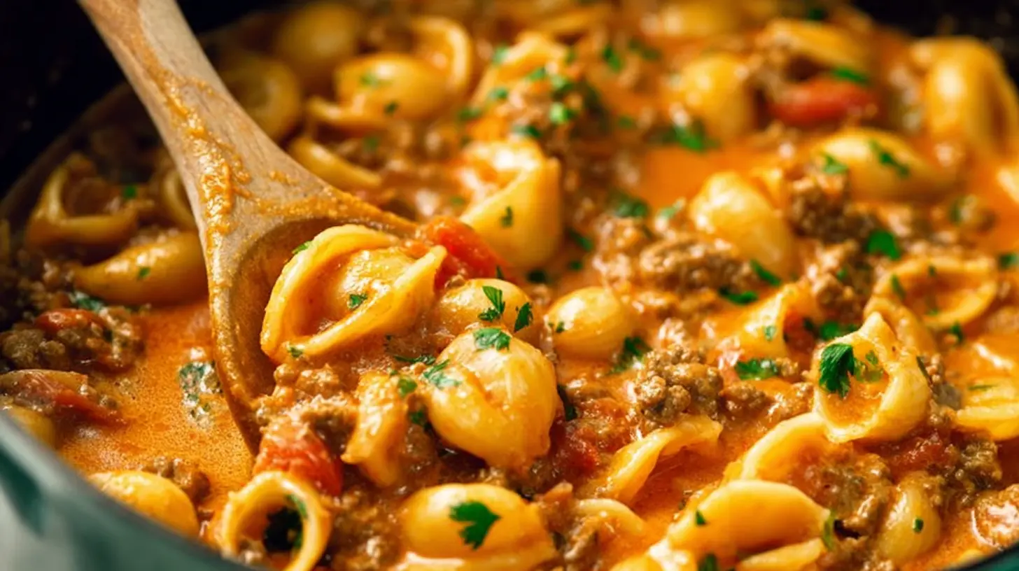 Close-up of creamy taco pasta with shell noodles and ground meat, stirred in a cooking pot.