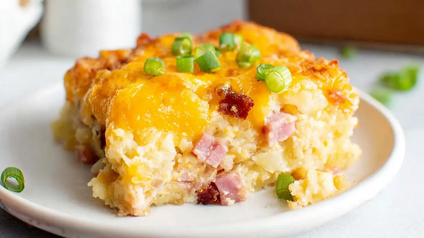 A warm slice of tater tot breakfast casserole topped with melted cheese, ham, bacon, and green onions on a white plate.