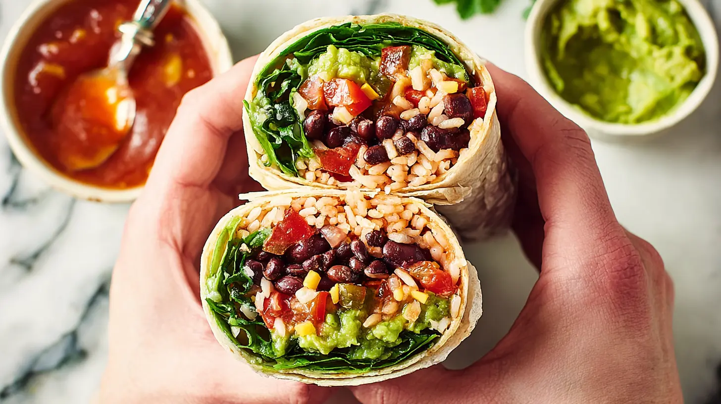 Close-up of vibrant vegan burrito wraps, cut in half to showcase colorful fillings including guacamole, black beans, rice, and salsa, held by hands.