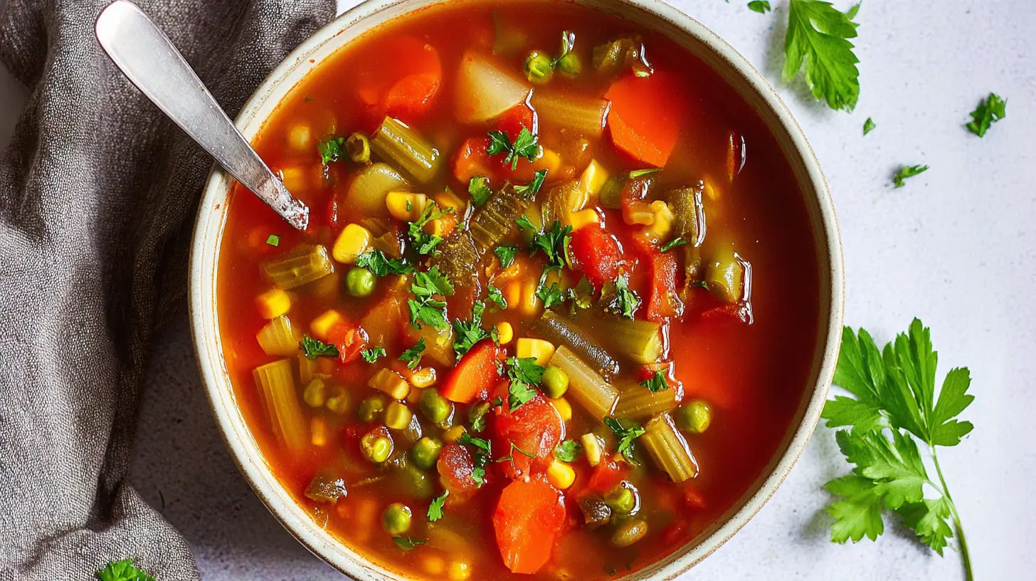 Vibrant overhead view of a hearty homemade vegetable soup in a rustic bowl, perfect for a warming vegetable soup crockpot meal.