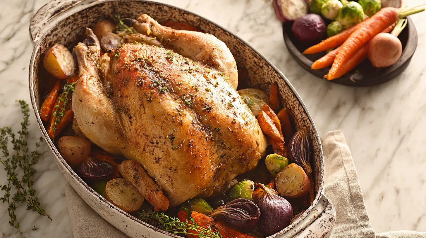 Perfectly roasted whole chicken and root vegetables in a rustic pan, ideal for various whole chicken recipes.