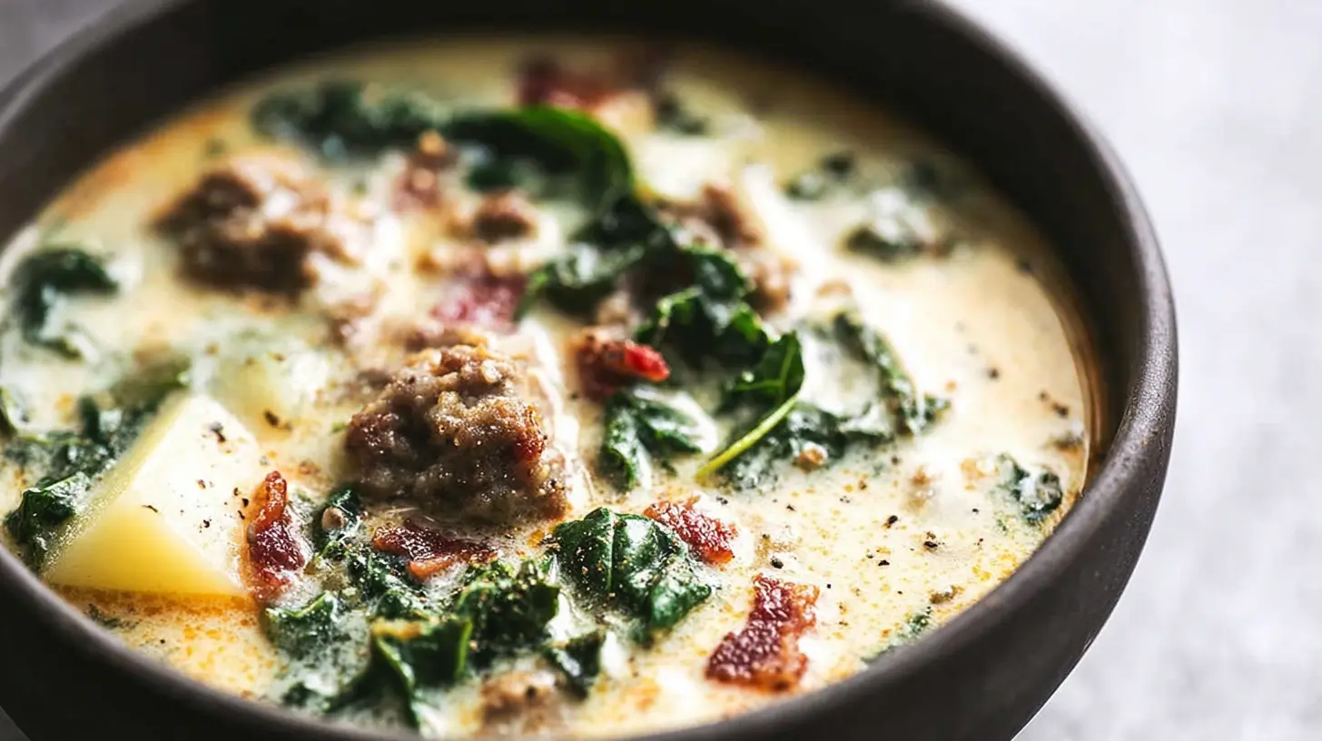 Close-up of a creamy and hearty Zuppa Toscana soup, similar to Olive Garden's, with sausage, kale, and potatoes in a rustic bowl.