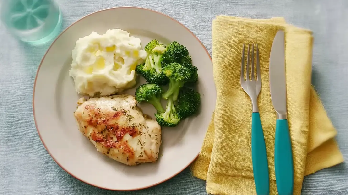 A top-down view of a delicious meal featuring golden-brown Baked Ranch Chicken, creamy mashed potatoes, and vibrant green broccoli on a light blue surface.
