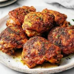 Close-up of perfectly crispy, golden-brown Addictively Good Baked Chicken Thighs garnished with fresh thyme on a rustic plate.