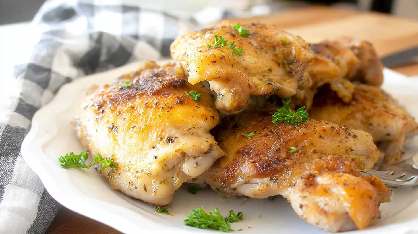 Golden-brown Baked Boneless Skinless Chicken Thighs Recipe served on a white plate with fresh parsley.