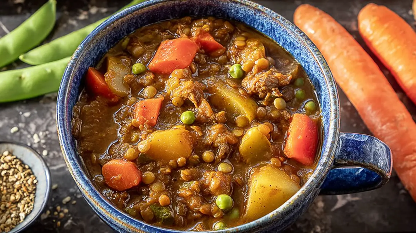 Warm Beef & Lentil Soup with Vegetables served in a rustic blue mug-style bowl, surrounded by fresh carrots and spices on a dark surface.